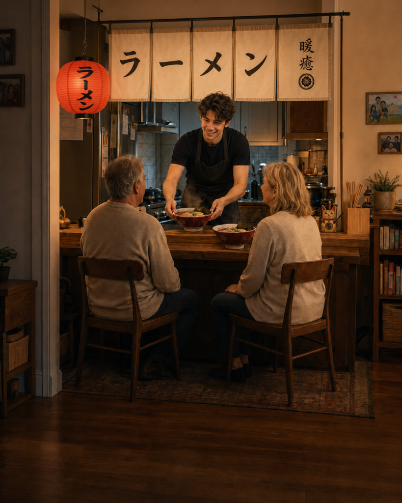 A young man serving ramen to his parents in a home transformed into a Japanese ramen shop.